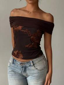 Aloruh Women's Slim Fit Fashionable Sexy Pleated Off-Shoulder Jacquard Top Night Out Brown Floral Summer - Coffee Brown - View 8