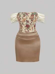 SHEIN MOD Plus Size Deep Champagne Color Patchwork Jacquard Strapless Bodycon Dress, Spring/Summer Vacation Dress, Holiday Party Outfit, Early Autumn Outfit, Gathering, Birthday Party, Vintage Court Style, Luxurious Romantic - Multicolor - View 5