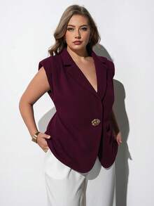 Maija Plus Size Elegant Solid Color Suit Vest Office Dark Purple Summer - Burgundy - View 6