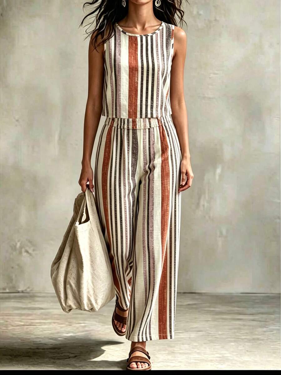 EMERY ROSE Women's Round Neck Striped Patchwork Top And Wide Leg Pants Casual 2 Pieces Set - Multicolor - View 1