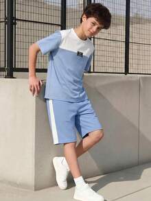 Vacaura 男童休闲撞色圆领T恤套装（2件/套），舒适时尚，适合日常、上学和运动穿着。 - 藍色 - 查看 6