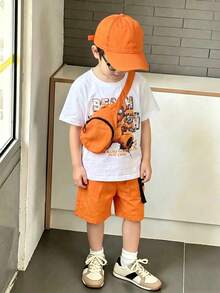 Mirajuku Young Boys Casual Bear Print T-Shirt With Pocket & Shorts Set With Mini Crossbody Bag - Orange - Orange - View 1