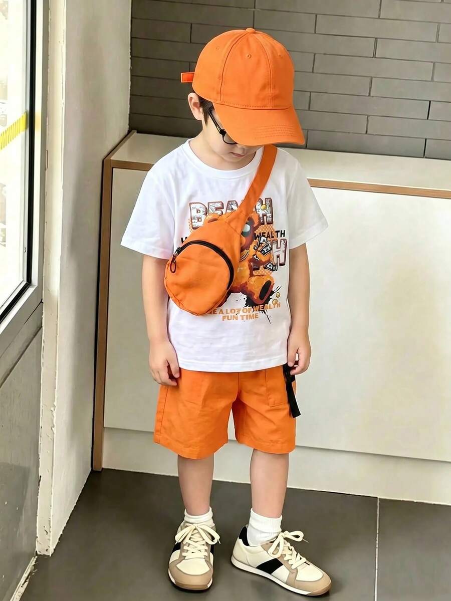 Mirajuku Young Boys Casual Bear Print T-Shirt With Pocket & Shorts Set With Mini Crossbody Bag - Orange - Orange - View 1