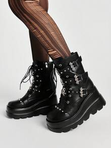 ROMWE Grunge Punk Women Heeled Sandals Punk Style Dark PU Riveted Platform Riding Boots Women Small Height Goth Metal Handsome Locomotive Boots Babes Fried Street Small Boots - Black - View 5