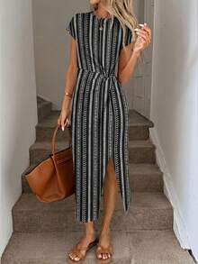 Easowa Printed Summer Casual Elegant Waist Twist High Slit Sleeveless Midi Dress Women's Casual Knit Textured Bodycon Dress Women's Birthday Outfit Women's Fitness Set Women's Wedding Guest Dress Women's Office Wear - Multicolor - View 4