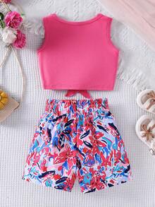 Genkimix Kids Young Girls Casual Sleeveless Top & Striped Shorts 2 Pieces Set With 3D Bow Design - Hot Pink - View 3