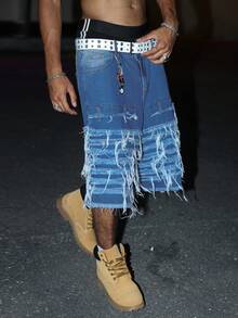 STEELVANCE American Street Style Patchwork Frayed Denim Shorts - Blue - View 4