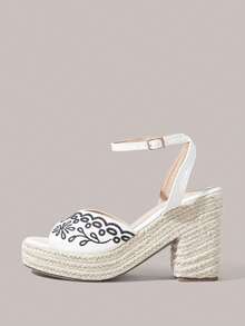 Styleloop Sandalias de plataforma con tacón inclinado para mujer, zapatos de verano de punta abierta para vacaciones, sandalias de tacón grueso de cuerda de cáñamo tejida de estilo bohemio, tiras cruzadas, chanclas de paja trenzada - Blanco + gris - Ver 9