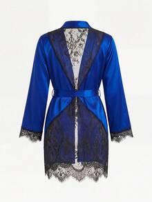 SilkySpell Women's Lace Back Hollow-Out Two-Tone Satin Robe Luxeloungewear - Royal Blue - View 2