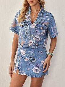 Breezaya Women's Floral Print Short Sleeve Top And Denim Skirt Set - Blue - View 7