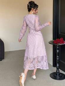 DAZY 優雅V領花瓣袖蕾絲中長洋裝，女性派對穿著，秋季陽光裙婚禮賓客洋裝 - 紫色 - 查看 6
