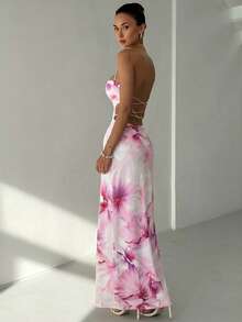 Vestido sexy de mujer con estampado floral, espalda descubierta, cordones y cuello halter - Multicolor 3 - Ver 10