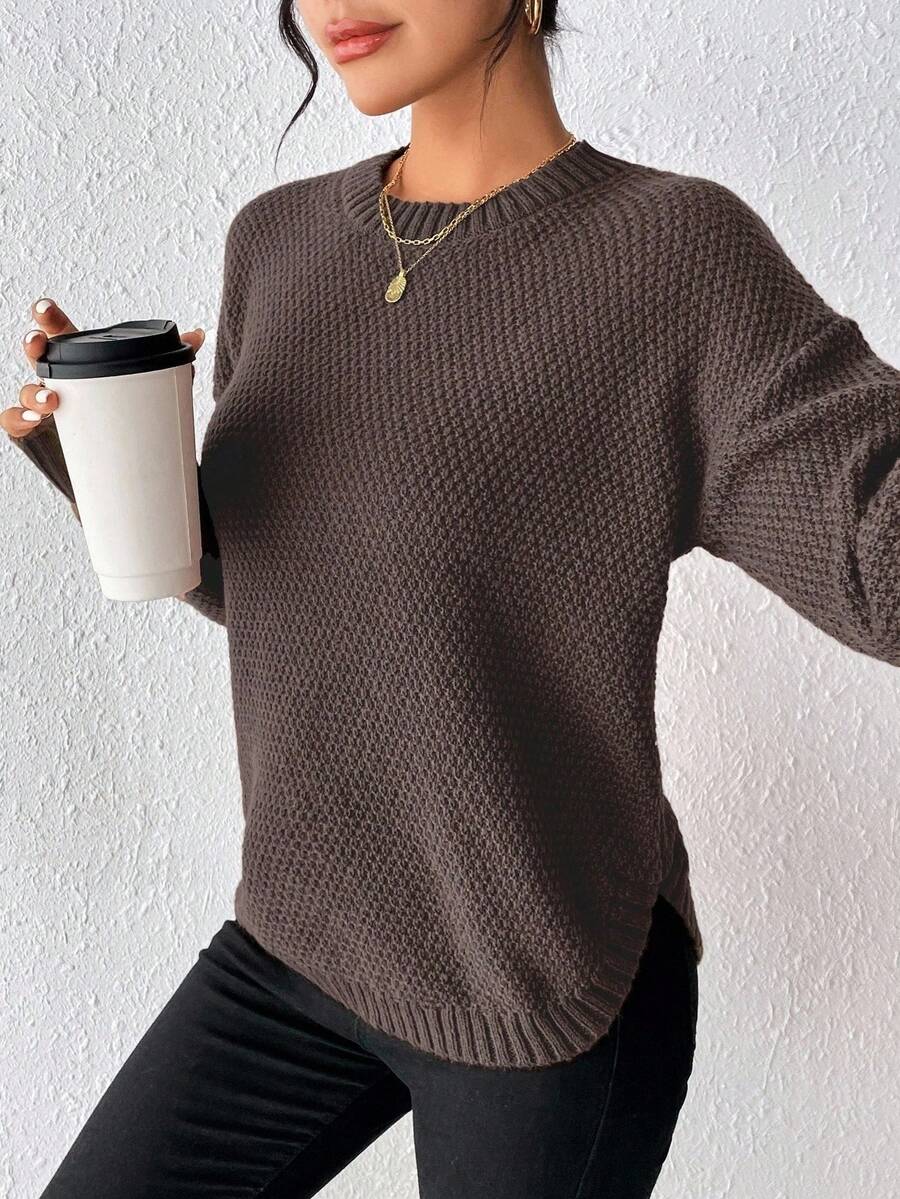 SHEIN LUNE Women's Solid Color Round Neck Drop Shoulder Long Sleeve Casual Sweater - Coffee Brown - View 1