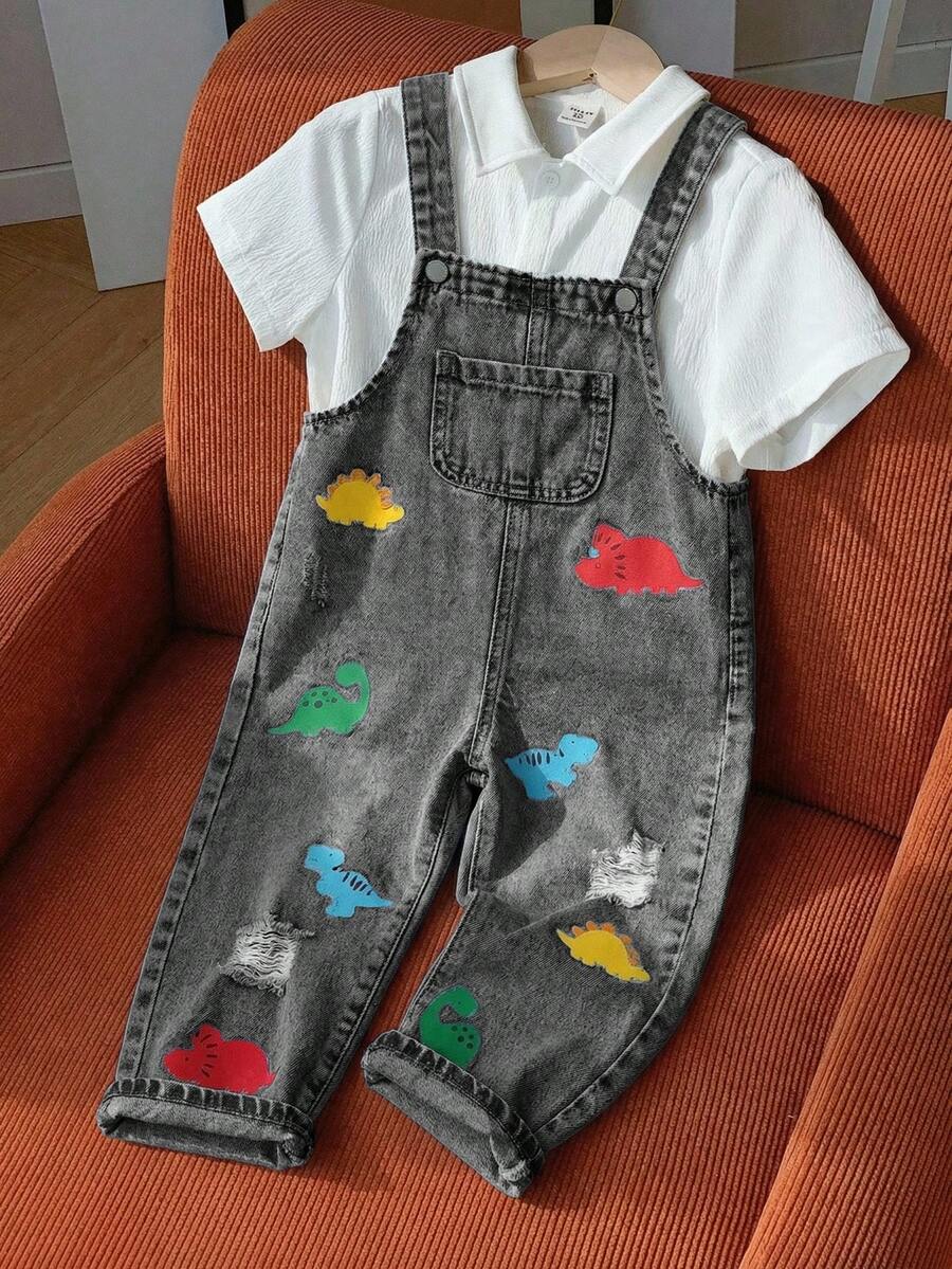 Young Boy Colorful Cartoon Dinosaur Print Pocket Denim Overalls - Light Grey - View 1