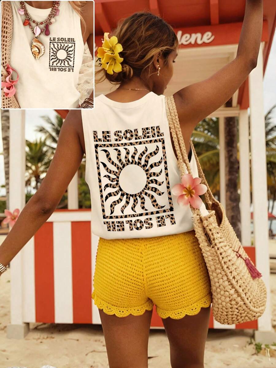 DrmWander Plus Size Vacation Casual Sun Letter Print Tank Top - Apricot - View 1