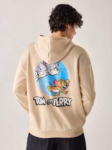 Strevion TOM & JERRY 男士休闲百搭汤姆和杰瑞元素印花连帽卫衣，秋冬款 - 杏色 - 查看 2