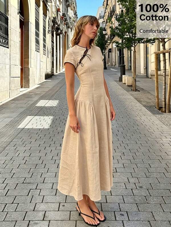 Siren Gaze Sommer Kleid aus reiner Baumwolle, minimalistisch, jugendlich, Retro, Kurzarm, mit Taillierung, langes Kleid, Leinenkleid