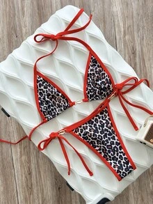 Swim Mod Summerbeach 女款豹紋撞色滾邊比基尼上衣與泳褲套裝 - 彩色 - 查看 5