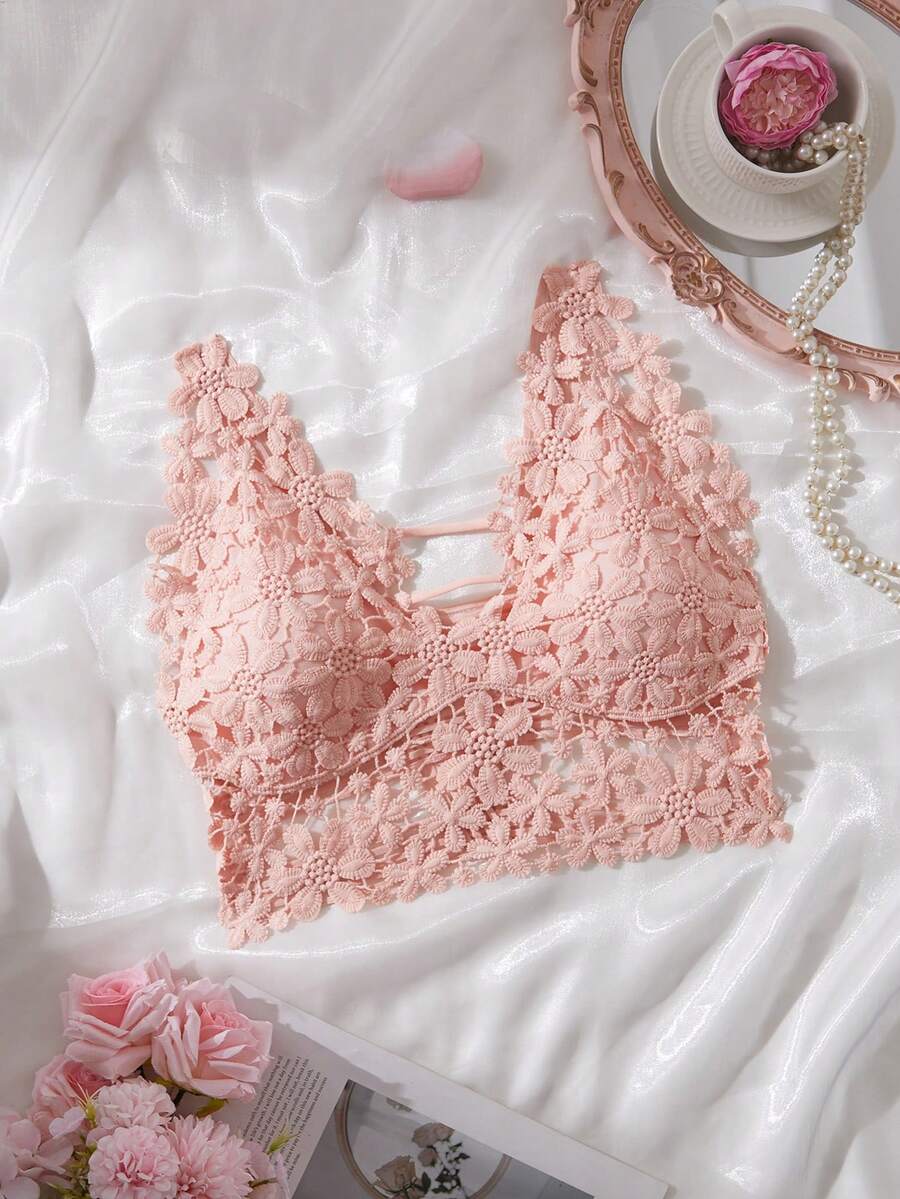 SHEIN 女款花卉蕾絲素色肩帶裝飾優雅胸罩 - 粉色 - 查看 1