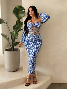 SHEIN SXY 藍白波西米亞度假海灘露肩印花洋裝 - 藍白色 - 查看 6