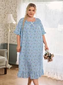 CottageSlumber Plus Size Women's Romantic Ditsy Floral Square Neck Short Sleeve Ruffle Patchwork Maxi Nightgown - Blue - View 6
