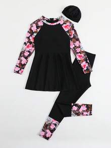 SHEIN 青少年女孩坦基尼比基尼套裝 2件組，黑色底色配粉色扶桑花與熱帶棕櫚葉印花上衣，圓領長袖裙襬設計，純黑色底色配熱帶棕櫚葉印花褲子，時尚休閒優雅成熟淑女風，適合游泳、夏季度假、海灘、海濱、泳池、夏季假期派對 - 黑色 - 查看 5