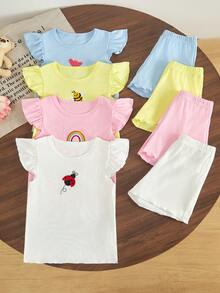 Conjunto de 2 piezas con top de manga corta con volantes y cuello redondo con patrón bordado y pantalones cortos - Multicolor - Ver 9