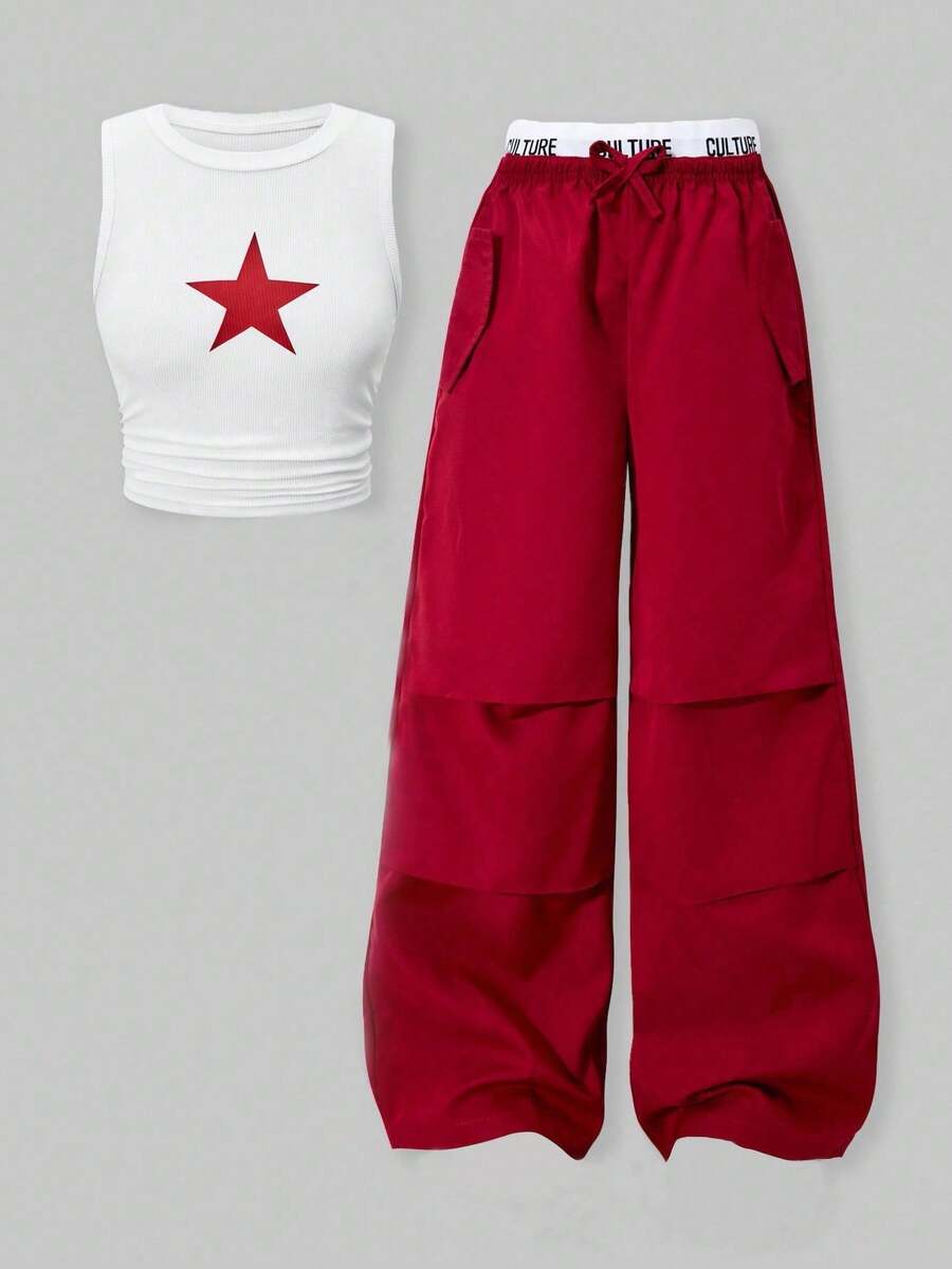 SHEIN ChillGRL 2 peças Conjunto Casual de Rua para Meninas Pré-Adolescentes, Top com Cordão e Estampa de Estrela Combinada com Calça Cargo com Bolsos e Costura Contrastante na Cintura, Primavera/Verão, Férias de Verão - Vermelho - Visão 1