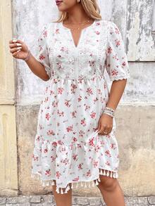Breezaya Plus Size Pastoral Boho Floral V-Neck Short Sleeve Water-Soluble Flora Lace Patchwork Tassel Dress Vacation Summer Beach Festival Party White - Multicolor - View 7