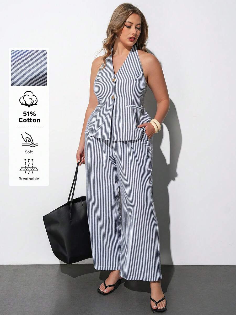 Maija Plus Size Blue And White Striped Halter Neck Sleeveless Top,Two Pieces Suit,Summer,Smart Casual,Vacation,Holiday,Vintage Office Bussines Lady Style - Multicolor - View 1