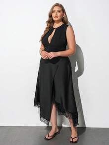 Maija Plus Size Black Elegant Sexy Skirt For Women, Autumn Vintage Asymmetrical Lace Hem Elastic Waist Skirts, Versatile Dinner Cocktail Party Wedding Guest - Black - View 7