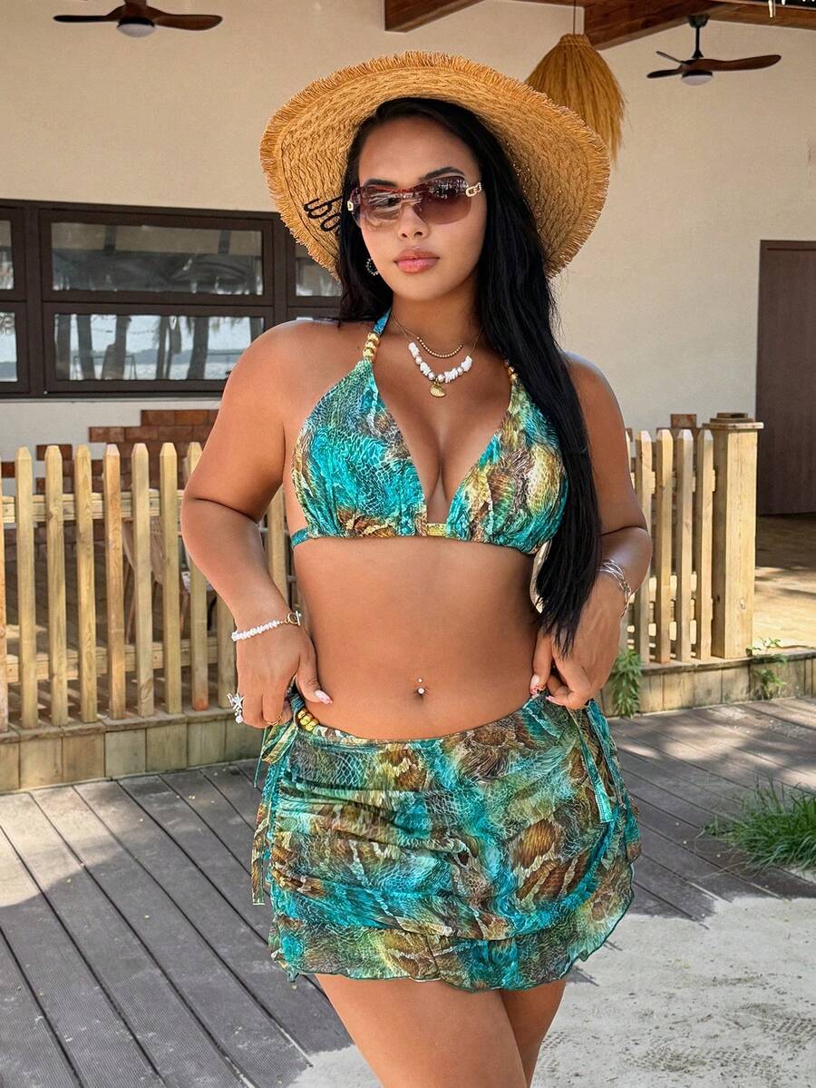 Swim Vcay 2026 New Summer Vacation Wild Plus Size Women's Snake Print Halter Bikini Set With Cover Up Skirt Teal Beach Sexy - Multicolor - View 1