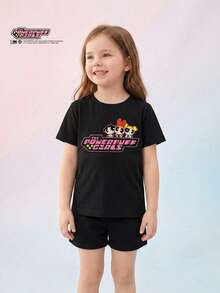 THE POWERPUFF GIRLS X SHEIN Maija Kids 女童休闲简约卡通图案圆领短袖T恤，适合夏季穿着 - 彩色 - 查看 3