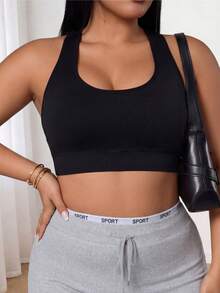 Breezaya Seamless Solid Color Round Neck Plus Size Women Sports Bra, Criss-Cross Back Design Plus Size Sports Bra, Back Shaping Function - Black - View 1