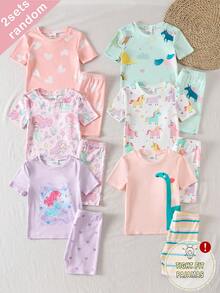 SHEIN 【2件套】女童独角兽卡通印花短袖短裤针织紧身睡衣家居服，随机发货 - 彩色 - 查看 3