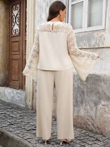 Lacomfia Conjunto de 2 piezas para mujer talla grande con top largo de manga acampanada con calados y pantalones estilo bohemio - Albaricoque - Ver 2