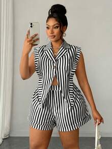 Maweii Plus Size Women's Striped Button-Up Asymmetrical Hem Shirt And Loose Long Pants 2 Pieces Set - Black and White - View 1