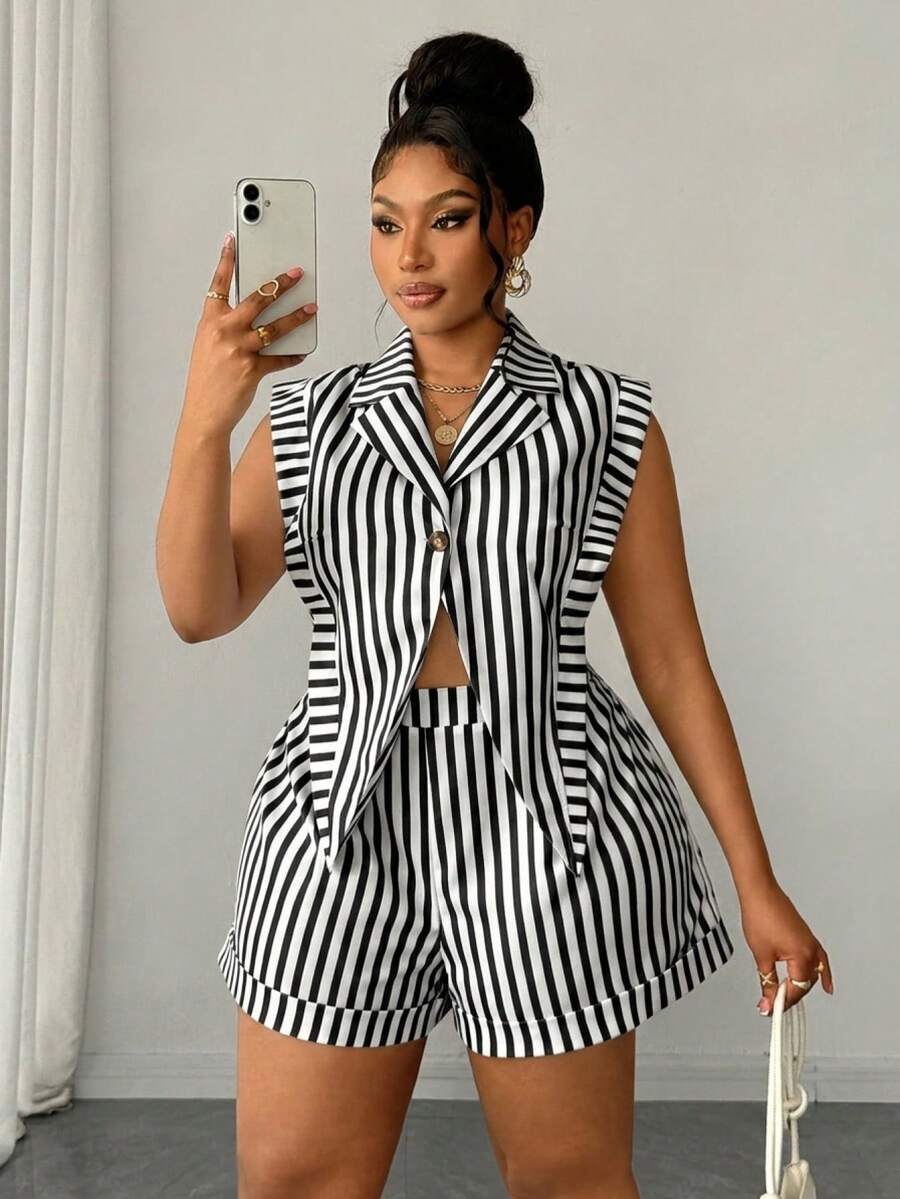 Maweii Plus Size Women's Striped Button-Up Asymmetrical Hem Shirt And Loose Long Pants 2 Pieces Set - Black and White - View 1