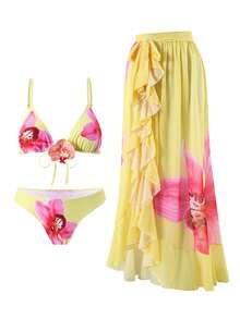 Swim SXY 夏季海灘女款三件式泳衣套裝，粉色定位蘭花印花，仿真花飾，掛脖上衣，比基尼泳褲，美人魚長裙，性感泳裝套裝 - 淡黃色 - 查看 4