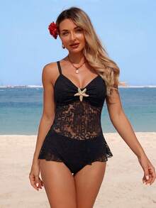 Swim Lushoire Women's Summer Holiday Beach Pool Party Vacation Outfit, Knitted Lace Thick Strap Crop Top Starfish Decor High Waist Triangle Tankini Set Black Sexy - Black - View 6