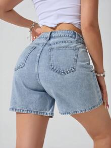 SHEIN Unity Quần short denim nữ dáng rộng, chất liệu denim mài, có túi xéo, thích hợp cho mùa hè. - Rửa nhẹ - Xem 2