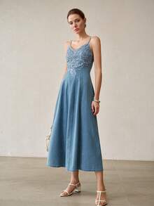 MOTF PREMIUM WOMEN'S CONTRAST LACE WAIST-CINCHED SPAGHETTI STRAP DENIM DRESS - Light Wash - View 5
