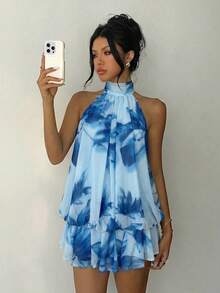 Elegant Women's Mini Dress With Halter Neck And Bow In Light Yellow - Bronze - View 4