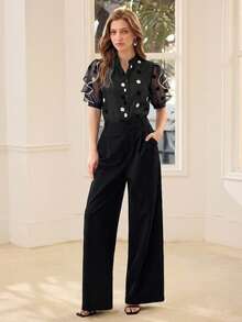 MOTF PREMIUM POLKA DOT PRINT SHEER PETAL SLEEVE BLOUSE FOR WOMEN - Black - View 3