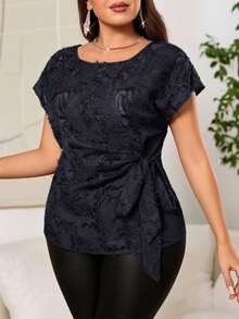 Reflora Plus Size Women's Jacquard Round Neck Batwing Short Sleeve Side Waist Knot Shirt - Navy Blue - View 2