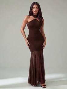 SHEIN Tall Spring/Summer Women's Solid Dark Brown Halter Neck Metal Buckle Spliced Semi-Sheer Full Skirt Elegant Sexy Maxi Dress Wedding Dinner Party Night Out - Coffee Brown - View 4