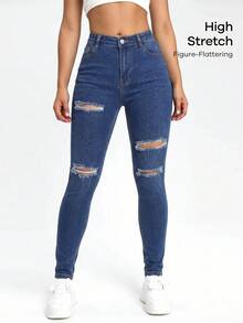 SHEIN EZwear Black Slant Pocket Ripped Skinny Jeans - Blue - View 7
