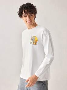Strevion TOM & JERRY 男士休闲百搭汤姆和杰瑞元素印花长袖T恤，适合春秋季穿着 - 白色 - 查看 5