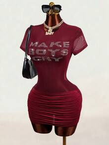 Mistrie Women's Short Sleeve Rhinestone Embellished Ruched Hem Dress - Burgundy - View 6