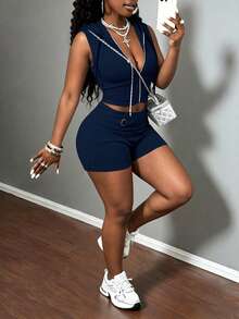BamGleam Spring/Summer New Grey Ribbed Knit Hooded Set, Slimming Zipper Cardigan & Casual Shorts 2 Pieces Set - Navy Blue - View 4